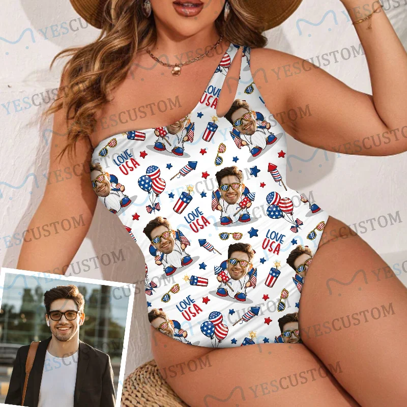 Custom Love USA Women's One Shoulder Keyhole One Piece Swimsuit Custom Picture Bathing Suit