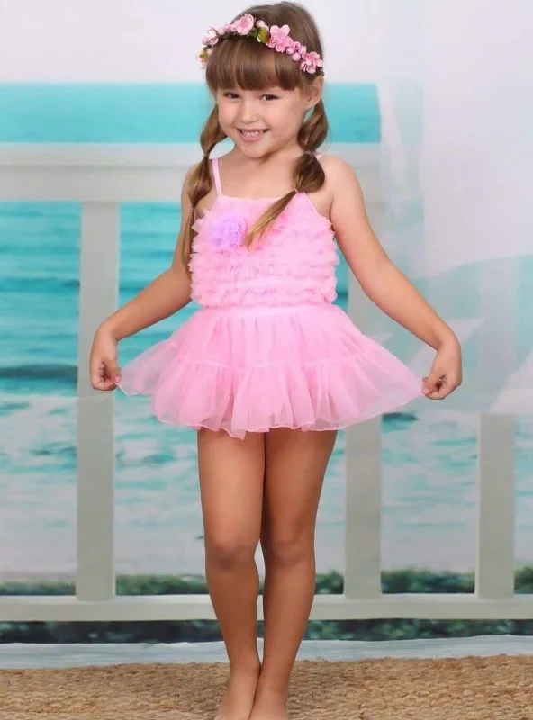 Girls Mesh Ruffled One Piece Swimsuit with Contrast Flower