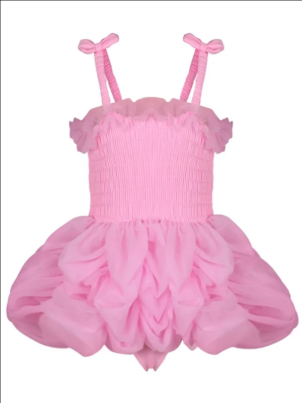 Girls Mesh Skirted Ruffled One Piece Swimsuit with Bow Straps