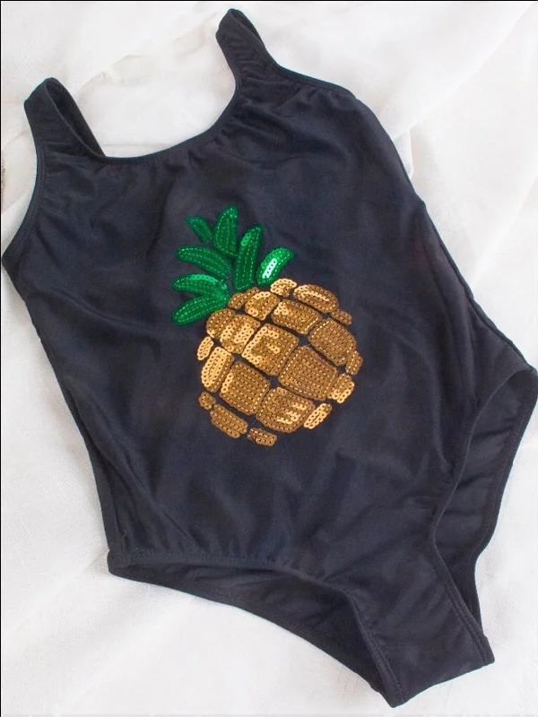 Girls Navy Sequined Pineapple Applique One Piece Swimsuit