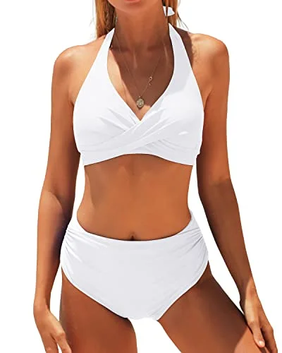 Women Two Piece Halter Top And High Waisted Bottom Bikini Set-White