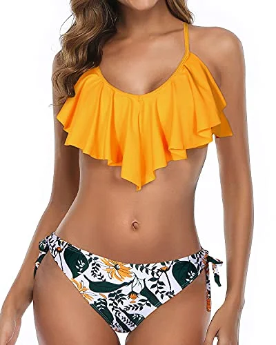 Two Piece Flounce Bikini Side Tie Bottom Ruffled Bikini For Women-Yellow Floral