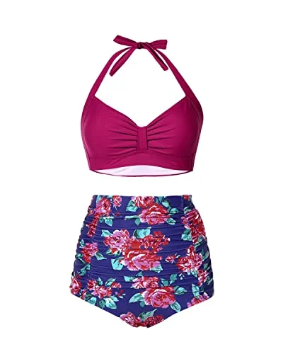 Vintage Halter Top With Bottom Bathing Suit Women High Waisted Bikini Set-Pink Floral