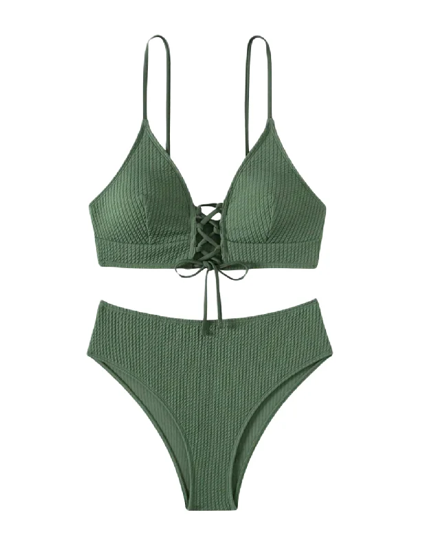 Olive Ribbed Lace Up Front Bikini Set