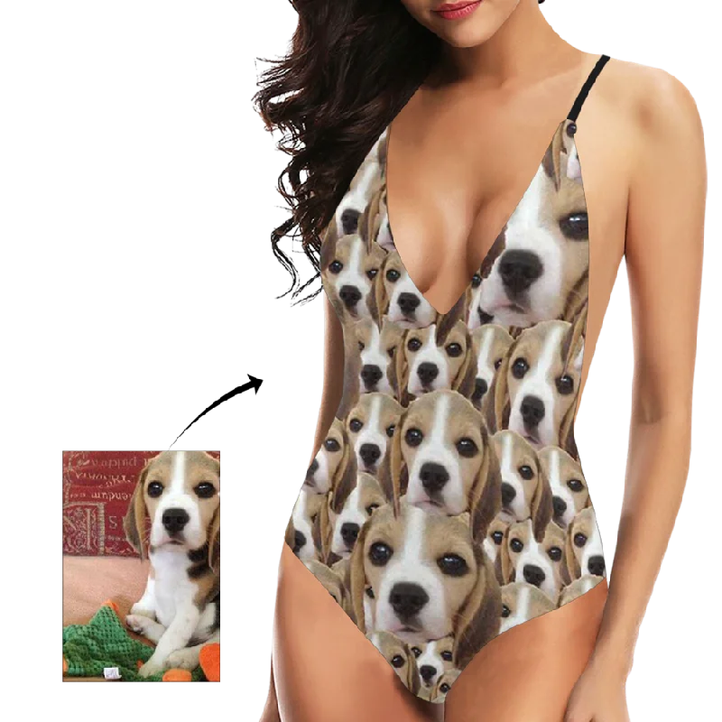 Custom Swimsuit Cute Dog Face V-Neck Women's One Piece Sexy