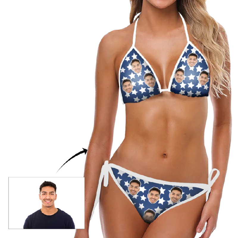 Custom Swimsuit Face Photo Blue Backgrouns White Stars Bikini Sexy Suit