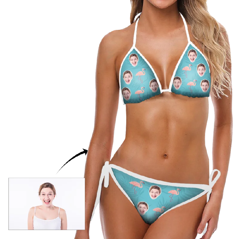 Custom Swimsuit Face Photo Flamingo and Blue Background Bikini Sexy Suit