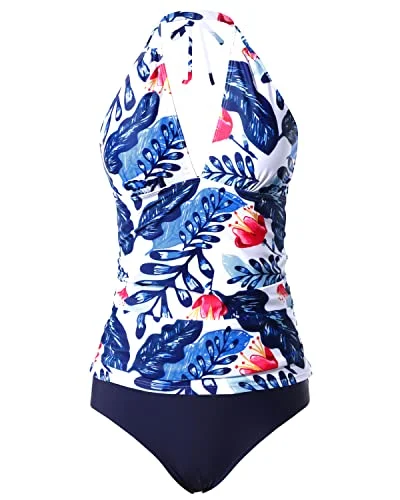 Sexy And Cute Open Back Swimsuits Floral Bikini Bottom Two Piece Tankini-White And Blue Floral Sexy And Cute Open Back Swimsuits Floral Bikini Bottom Two Piece Tankini-White And Blue Floral