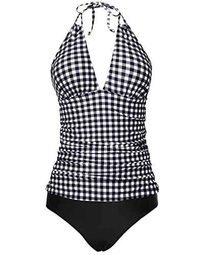 Two Piece Halter Tankini Swimsuits V Neck Tops Bikini Bottom-Black And White Checkered Two Piece Halter Tankini Swimsuits V Neck Tops Bikini Bottom-Black And White Checkered