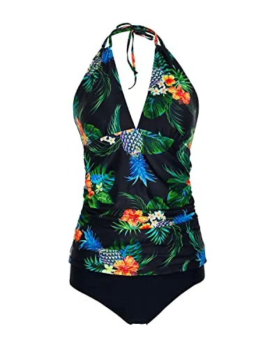 Halter Tankini Swimsuits V Neck Tops Bikini Bottom Tummy Control Bathing Suits-Black Pineapple Halter Tankini Swimsuits V Neck Tops Bikini Bottom Tummy Control Bathing Suits-Black Pineapple