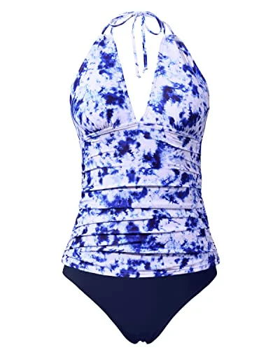 Halter Tankini Swimsuits V Neck Tops Bikini Bottom Tummy Control Swimwear-Blue Tie Dye Halter Tankini Swimsuits V Neck Tops Bikini Bottom Tummy Control Swimwear-Blue Tie Dye