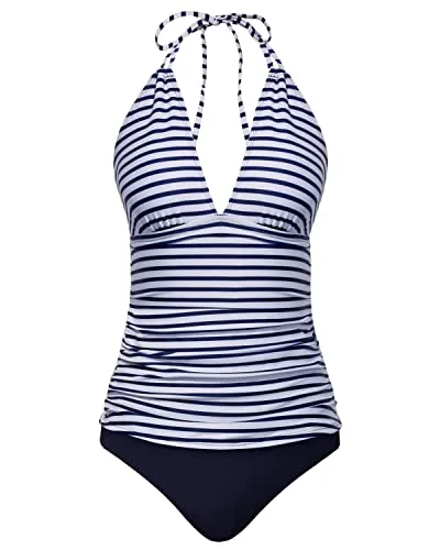 Halter V Neck Tankini Set Bikini Bottom Tummy Control Bathing Suits-Blue White Stripe Halter V Neck Tankini Set Bikini Bottom Tummy Control Bathing Suits-Blue White Stripe