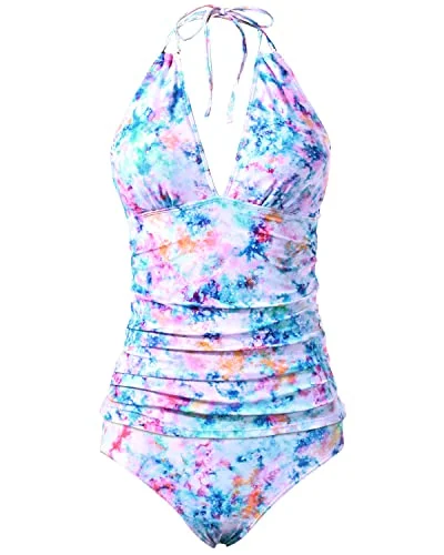 Flattering And Sexy V Neck Tankini Tops Bikini Bottom Two Piece Tankini-White Tie Dye Flattering And Sexy V Neck Tankini Tops Bikini Bottom Two Piece Tankini-White Tie Dye