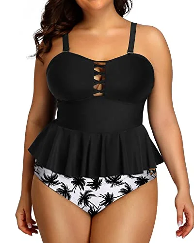 Plus Size Retro Ruffle Tankini Tops And Lace Strappy Sides Bikini Bottoms-Black Palm Tree Plus Size Retro Ruffle Tankini Tops And Lace Strappy Sides Bikini Bottoms-Black Palm Tree